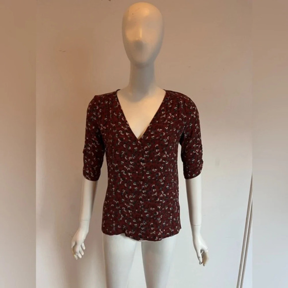 Sessun Rust Brown Floral Print V-neck Blouse Short Sleeve Size XS - Picture 2 of 9